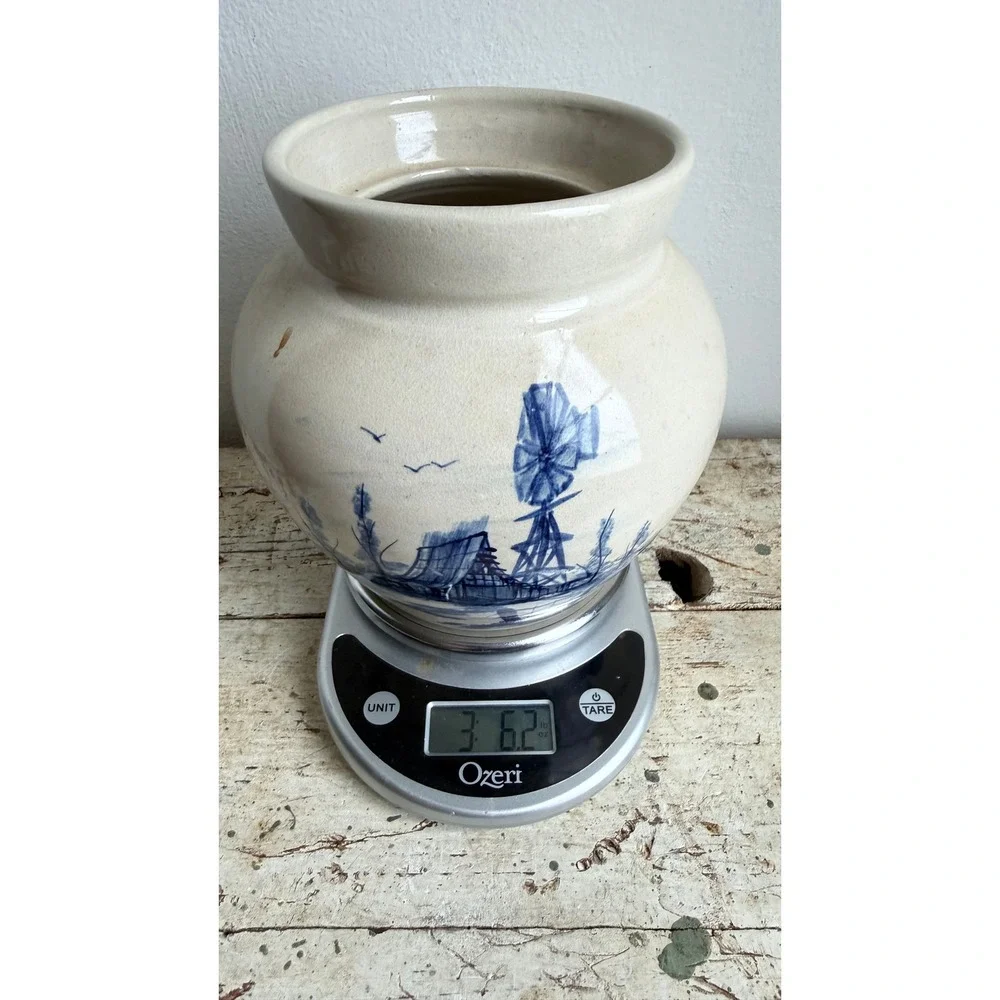 Vintage P.R. Storie Pottery Marshall TX Blue Windmill Farm Scene Crock